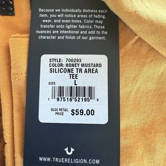 True Religion Men Honey Mustard Silicone TR Area Short Sleeve T-shirt Large NWT - Picture 10 of 12